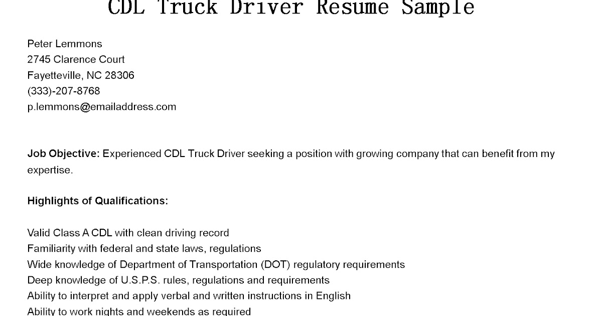 Sample truck drivers resume